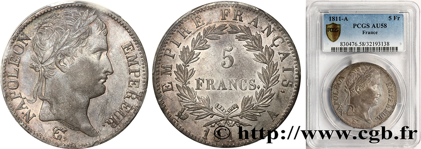 5 francs Napoléon Empereur, Empire français 1811 Paris F.307/27 AU58 PCGS