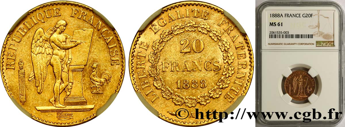 20 francs or Génie, Troisième République 1888 Paris F.533/11 MS61 NGC