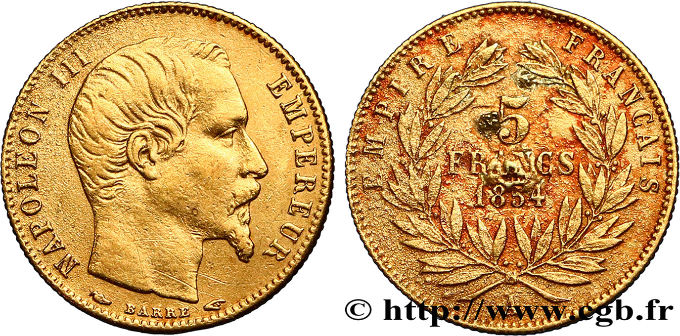 5 francs or Napoléon III, tête nue, petit module, tranche cannelée 1854 Paris F.500A/1 TB 