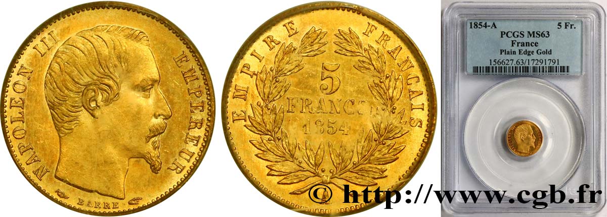 5 francs or Napoléon III, tête nue, petit module, tranche lisse 1854 Paris F.500/1 SC63 PCGS