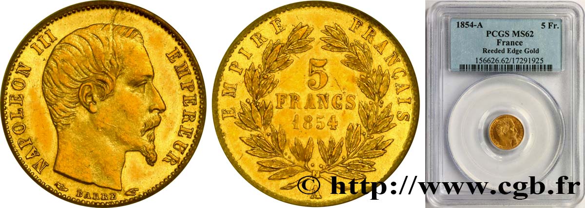 5 francs or Napoléon III, tête nue, petit module, tranche cannelée 1854 Paris F.500A/1 MS62 PCGS