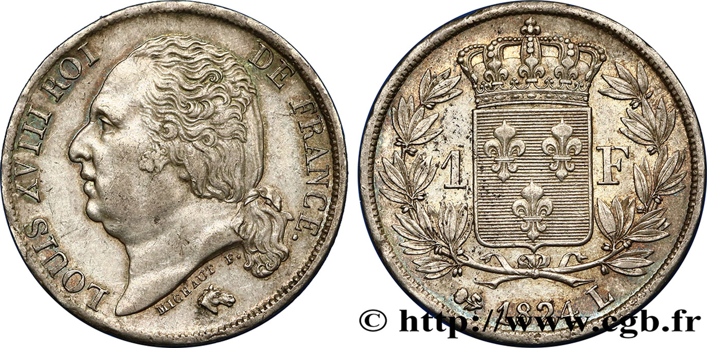 1 franc Louis XVIII 1824 Bayonne F.206/62 AU52 
