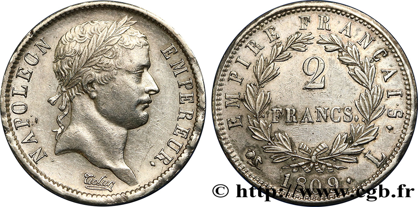 2 francs Napoléon Ier tête laurée, Empire français 1809 Bayonne F.255/5 SS53 