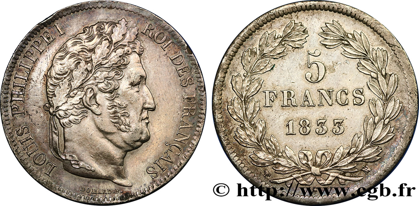 5 francs IIe type Domard 1833 Marseille F.324/24 AU50 