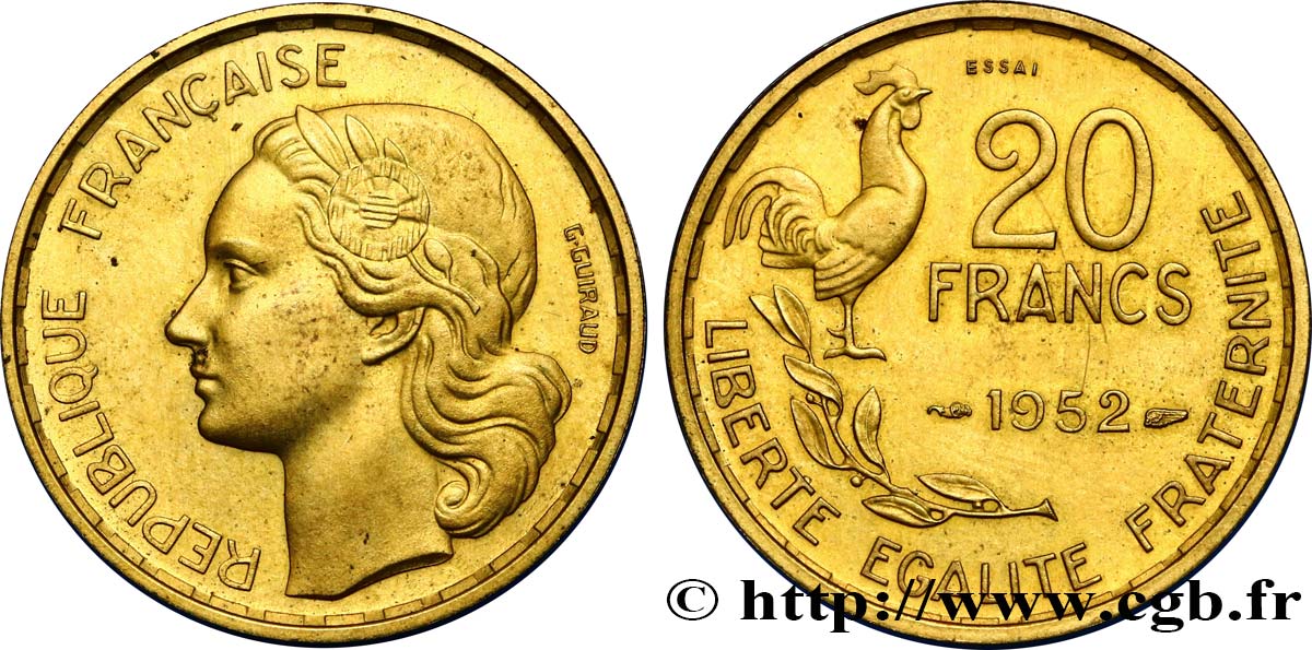 Essai-piéfort au double de 20 francs G. Guiraud, 4 faucilles 1952 Paris GEM.211 EP1 SUP60 