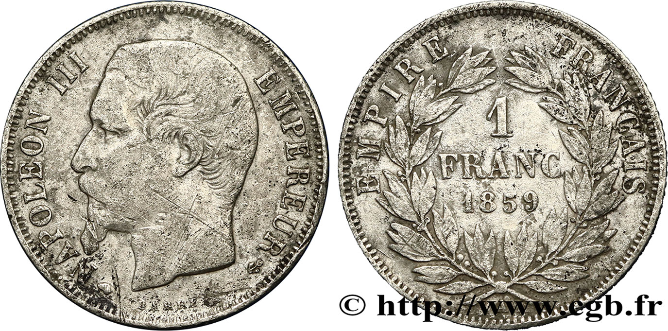 1 franc Napoléon III, tête nue 1859 Paris F.214/12 TB25 
