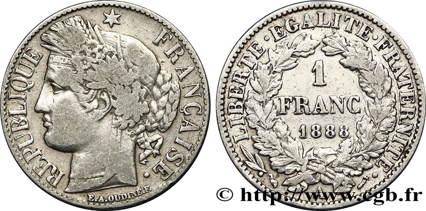 1 franc Cérès, Troisième République 1888 Paris F.216/10 TB30 