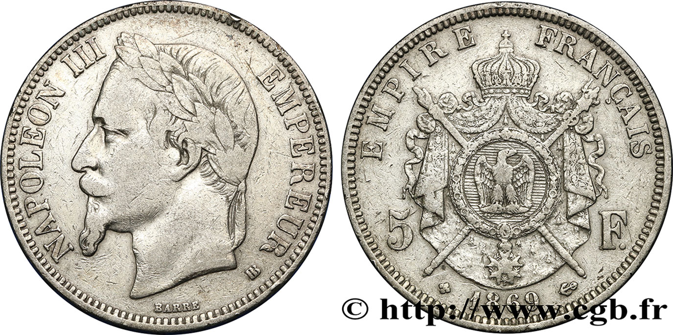 5 francs Napoléon III, tête laurée 1869 Strasbourg F.331/15 TB 