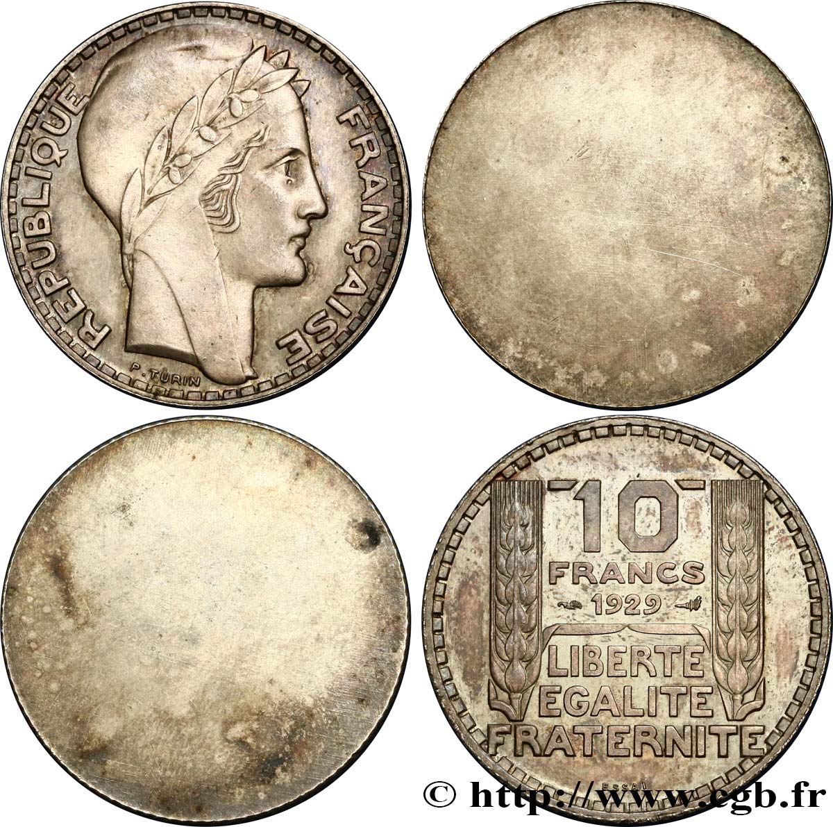 Paire d’Essais unifaces de 10 francs Turin, avers et revers 1929 Paris GEM.173 1 et 2 fST63 