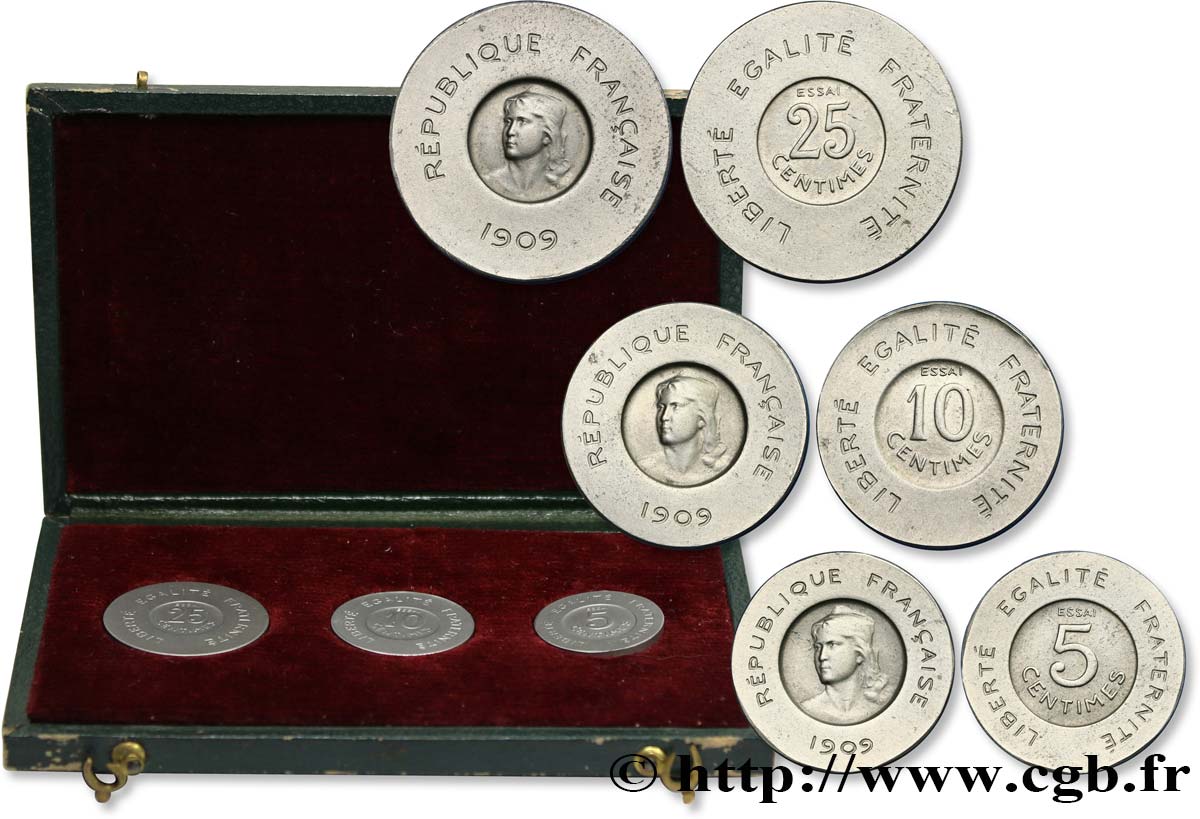 Coffret contenant les trois essais de 5 centimes, 10 centimes et 25 centimes par Rude 1909 Paris GEM.15 8 MS 