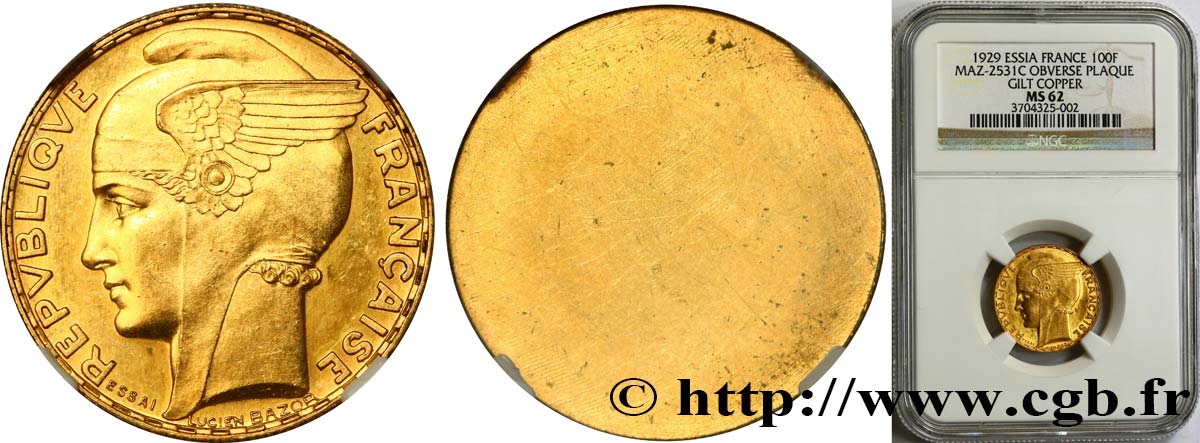 Concours de 100 francs or, épreuve uniface d’avers de Bazor en Bronze doré 1929 Paris GEM.288 1 MS62 NGC