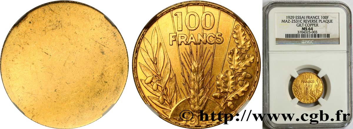 Concours de 100 francs or, épreuve uniface de revers de Bazor en Bronze doré 1929 Paris GEM.288 2 SPL64 NGC