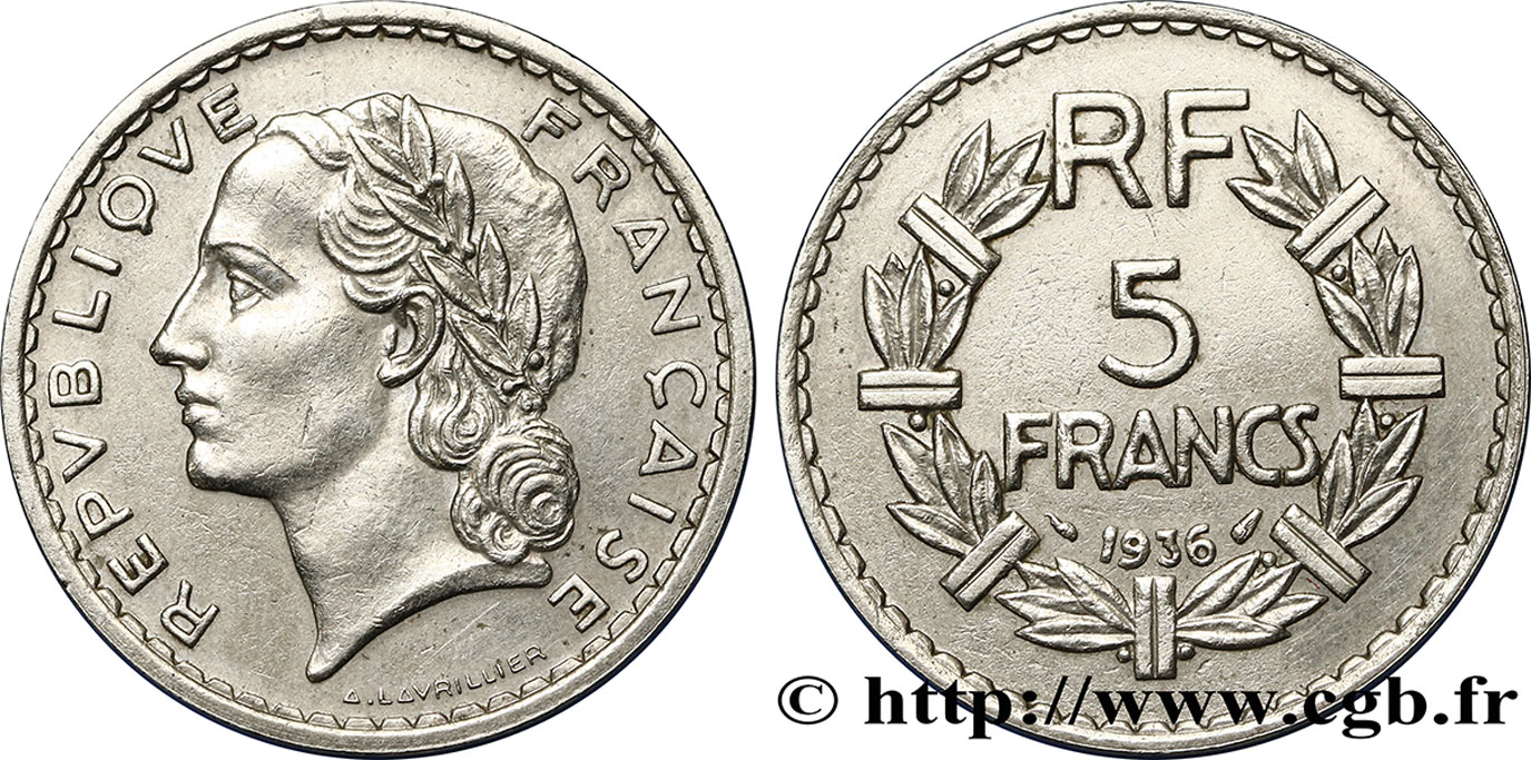 5 francs Lavrillier, nickel 1936  F.336/5 MBC48 