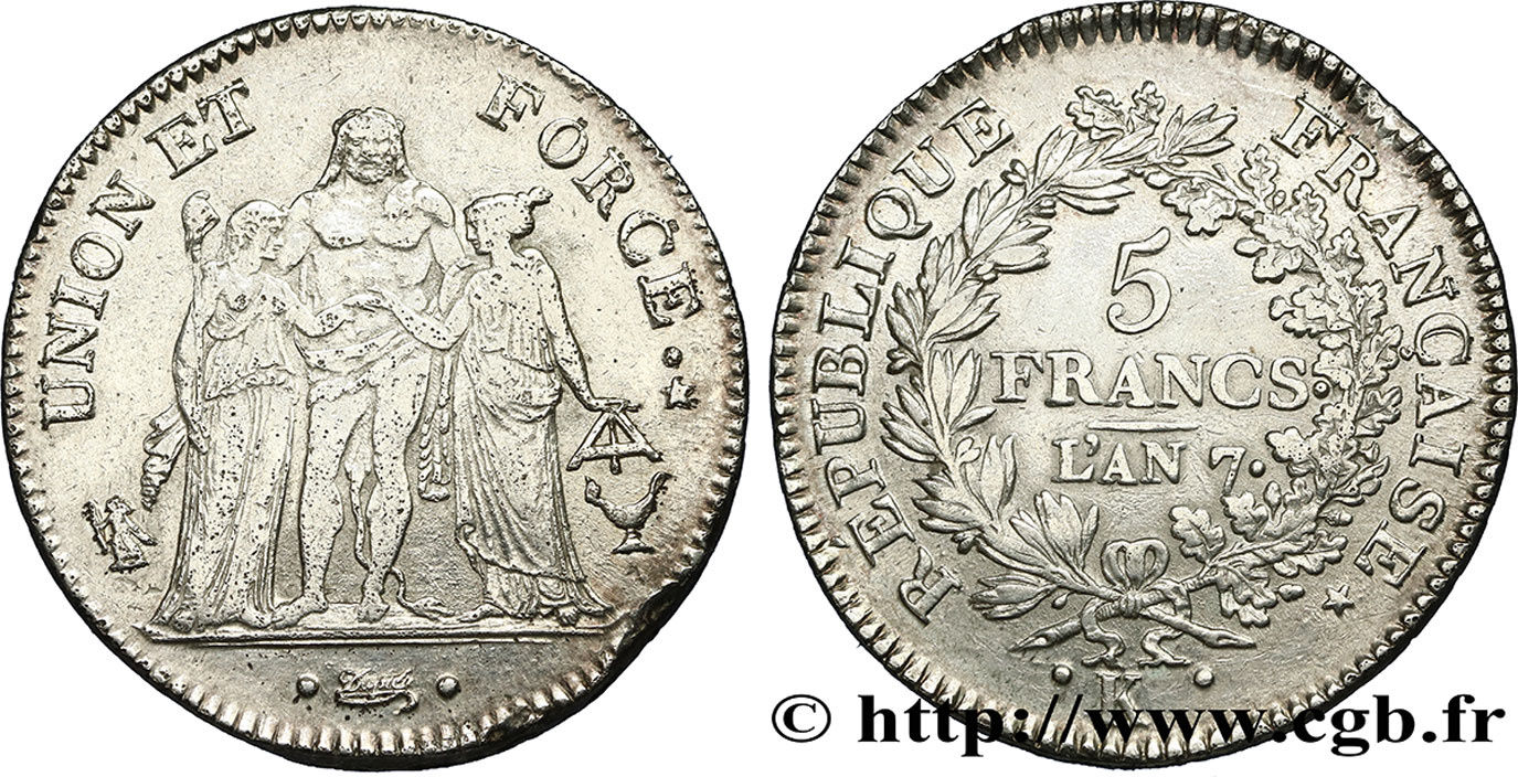 5 francs Union et Force, Union serré, avec glands intérieurs et gland extérieur 1799 Bordeaux F.288/108 BC35 