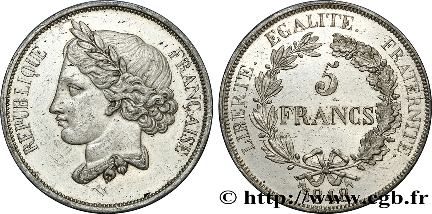 Concours de 5 francs, essai en étain attribué à Gayrard, deuxième concours 1848 Paris VG.3077 var MS60 