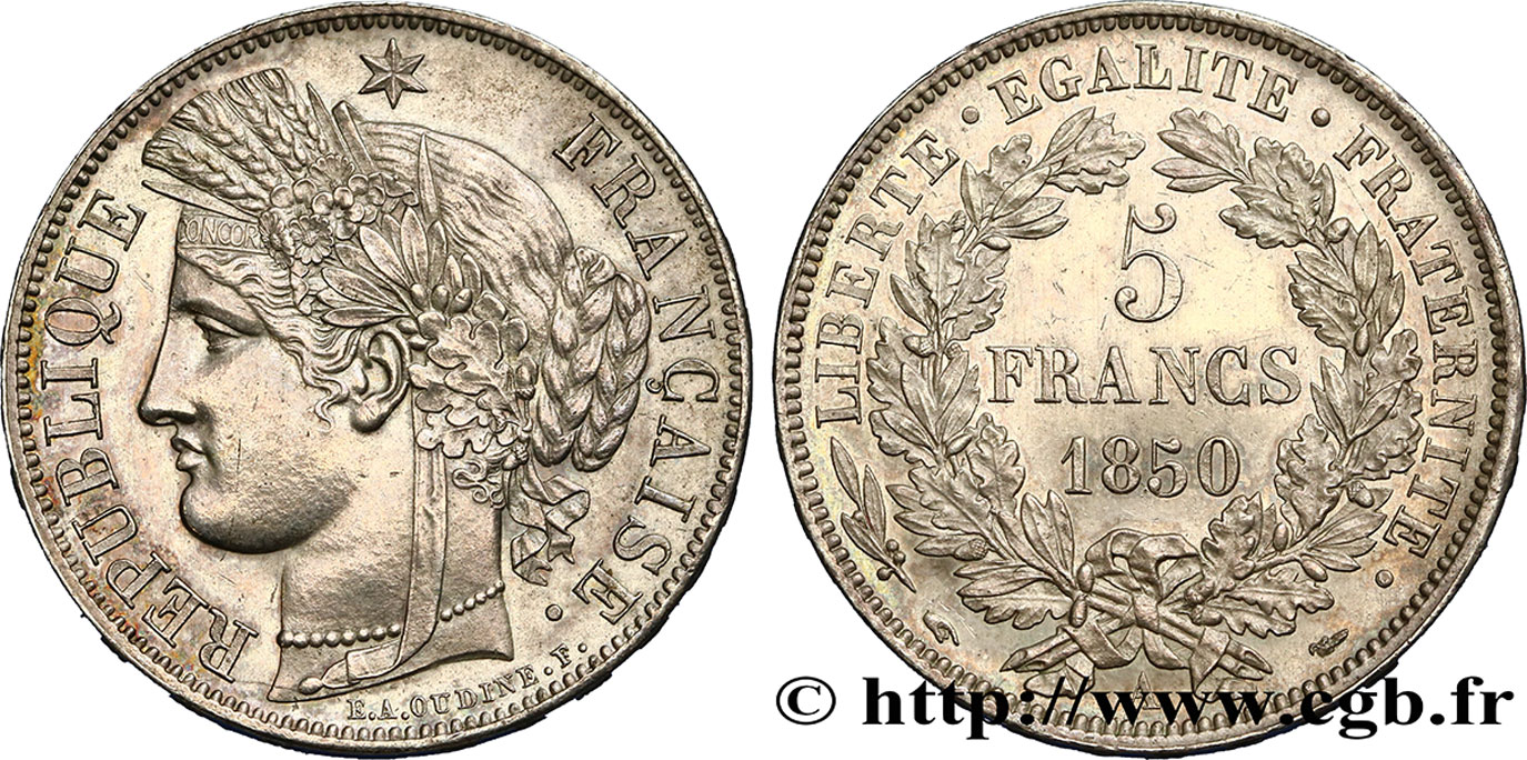 5 francs Cérès, IIe République 1850 Paris F.327/4 SPL58 