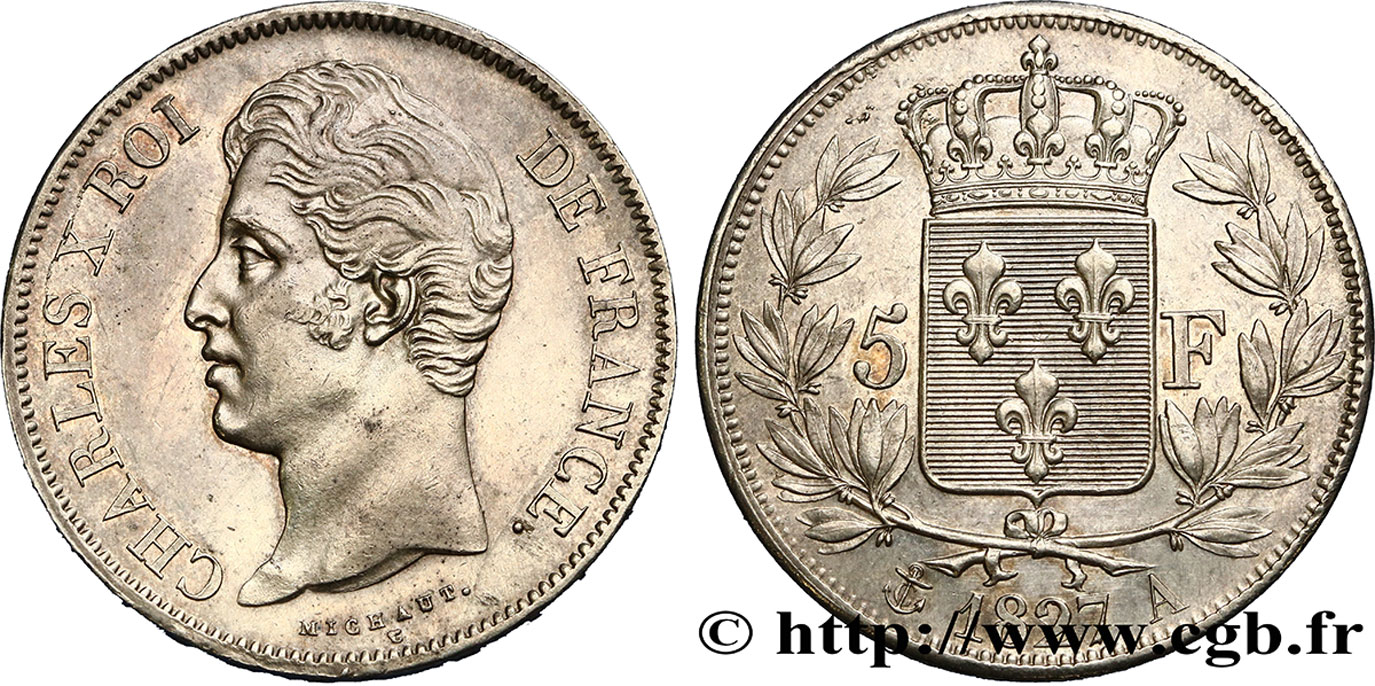 5 francs Charles X, 2e type 1827 Paris F.311/1 EBC58 