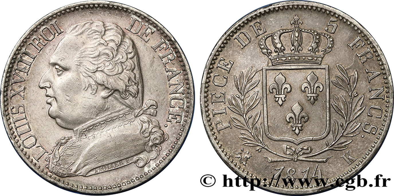 5 francs Louis XVIII, buste habillé 1814 Bordeaux F.308/7 AU55 