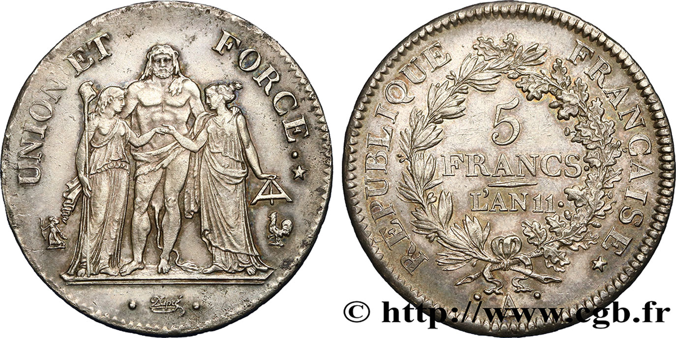 5 francs Union et Force, Union serré, seulement glands intérieurs 1803 Paris F.288/187 SUP55 
