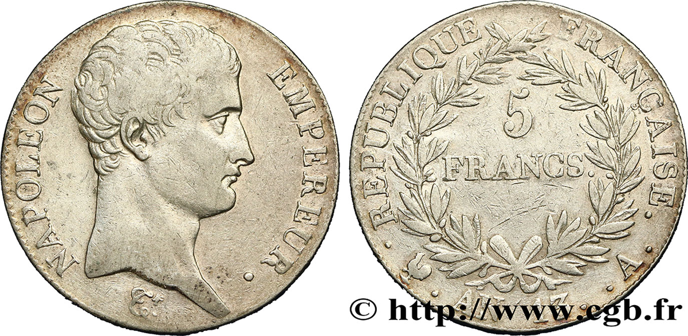 5 francs Napoléon Empereur, Calendrier révolutionnaire 1805 Paris F.303/2 TB35 