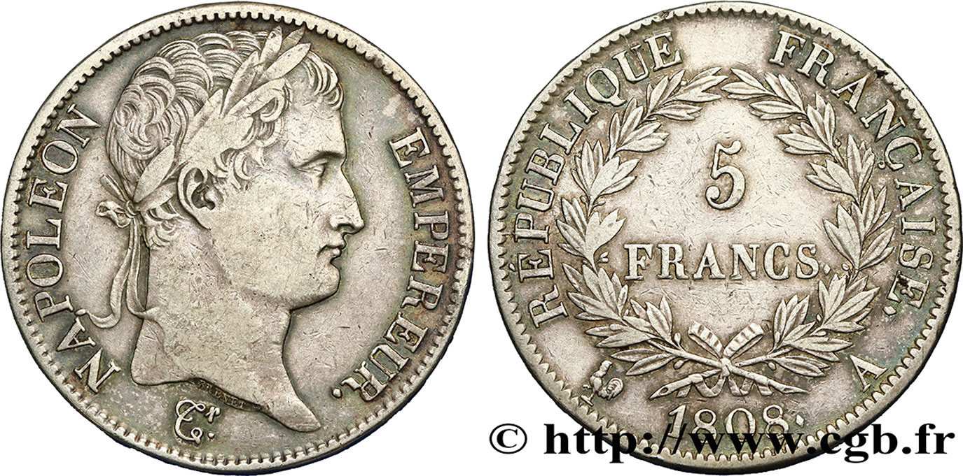 5 francs Napoléon Empereur, République française 1808 Paris F.306/2 MB35 