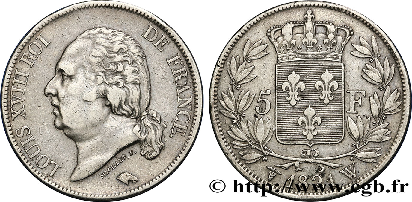 5 francs Louis XVIII, tête nue 1821 Lille F.309/67 TB35 