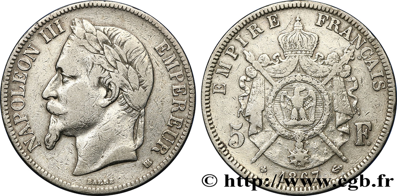 5 francs Napoléon III, tête laurée 1867 Strasbourg F.331/11 VF 