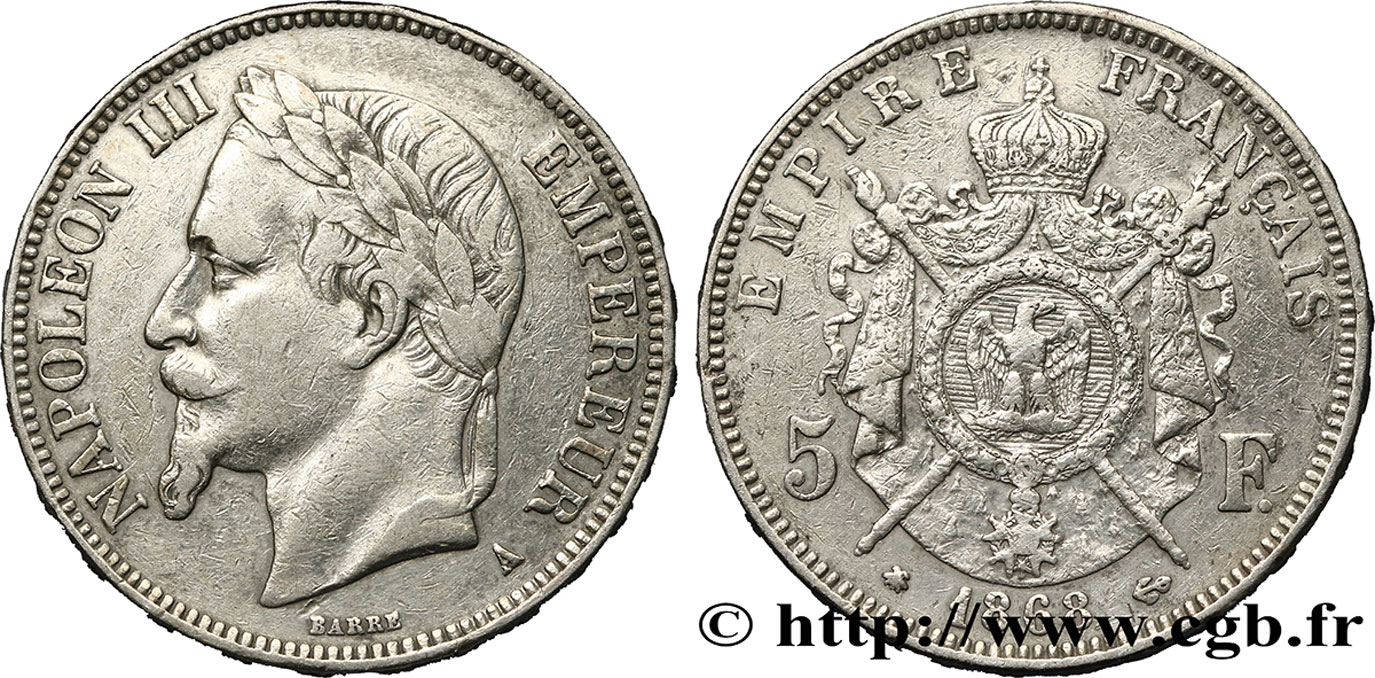 5 francs Napoléon III, tête laurée 1868 Paris F.331/12 BC 