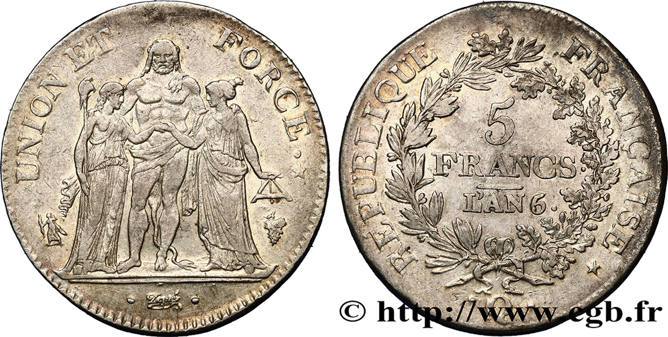 5 francs Union et Force, Union serré, seulement gland extérieur 1798 Perpignan F.288/82 BB48 