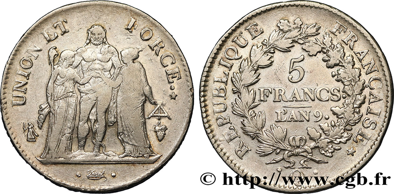 5 francs Union et Force, Union serré, avec glands intérieurs et gland extérieur 1801 Perpignan F.288/69,5 S30 
