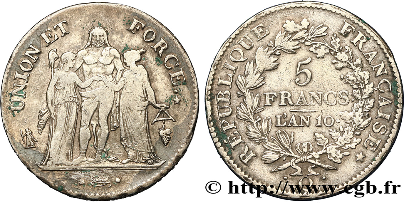 5 francs Union et Force, Union serré, avec glands intérieurs et gland extérieur 1802 Perpignan F.288/183 VF35 