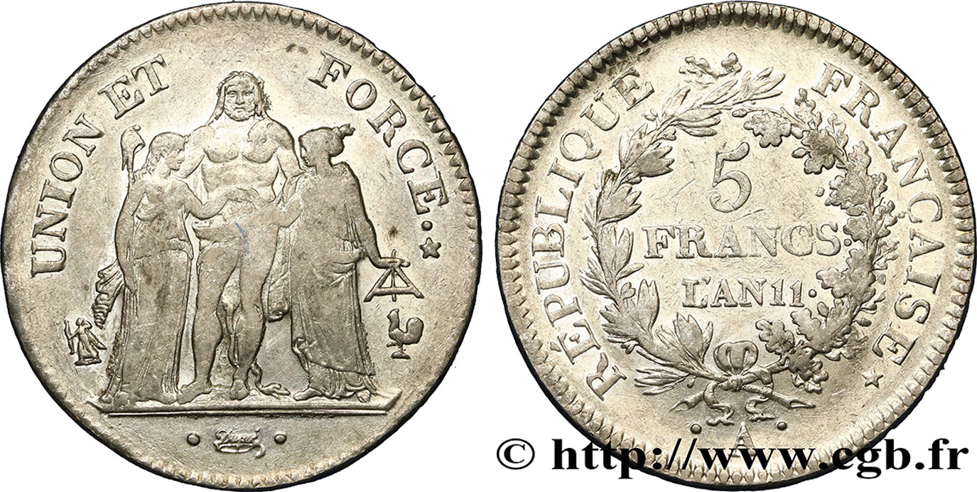 5 francs Union et Force, Union serré, seulement glands intérieurs 1803 Paris F.288/190 BB42 