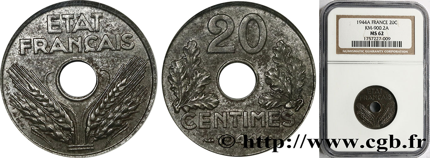 20 centimes fer 1944  F.154/3 SUP62 NGC