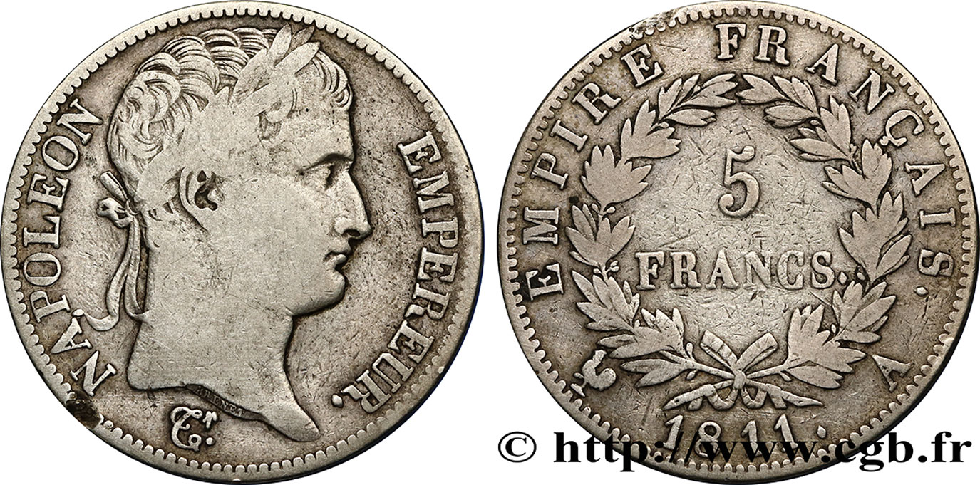 5 francs Napoléon Empereur, Empire français 1811 Paris F.307/27 TB30 