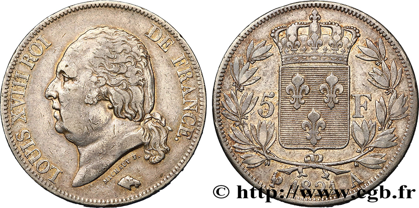 5 francs Louis XVIII, tête nue 1821 Paris F.309/60 BB45 