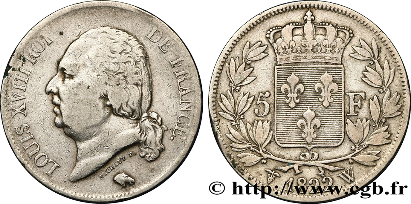 5 francs Louis XVIII, tête nue 1822 Lille F.309/75 TB25 