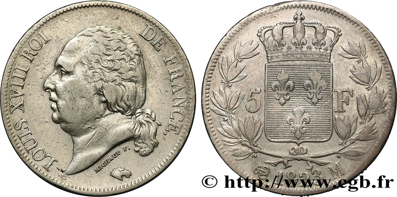 5 francs Louis XVIII, tête nue 1823 Toulouse F.309/84 TB35 