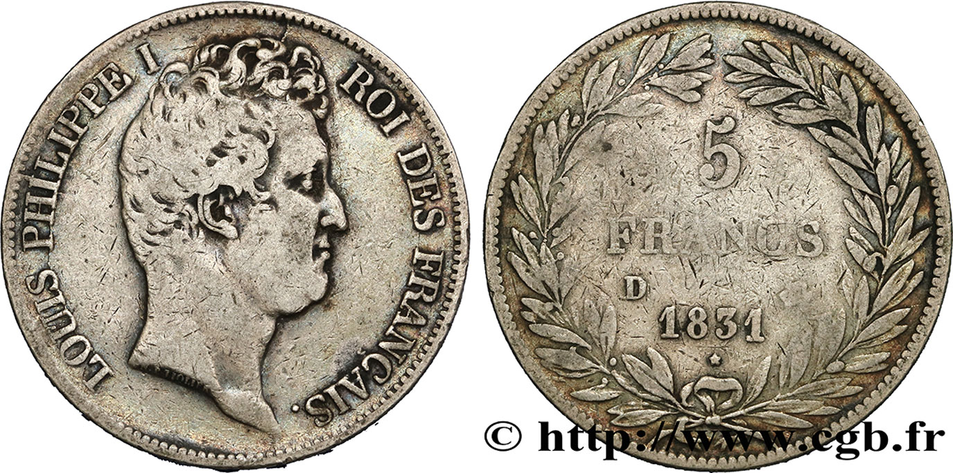 5 francs type Tiolier avec le I, tranche en creux 1831 Lyon F.315/17 VF25 