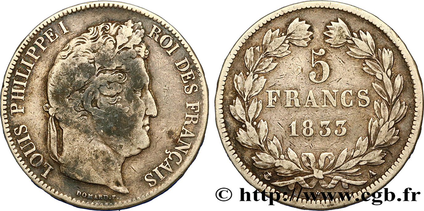 5 francs IIe type Domard 1833 Paris F.324/14 VF20 