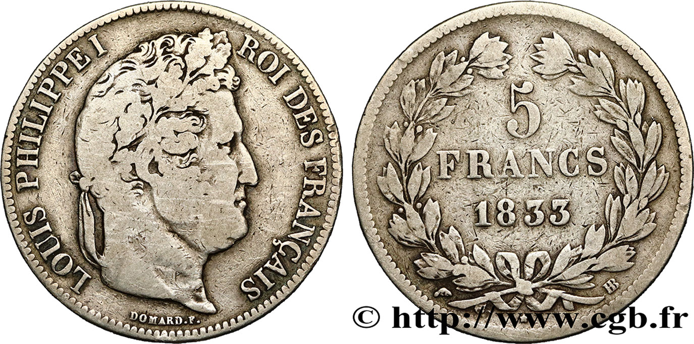 5 francs IIe type Domard 1833 Strasbourg F.324/16 TB15 