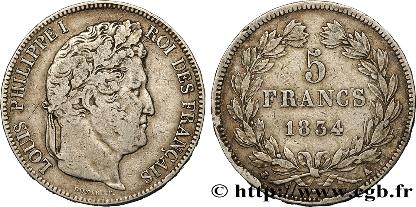 5 francs IIe type Domard 1834 Paris F.324/29 VF30 