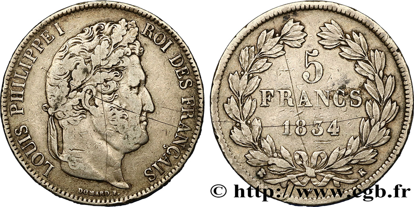 5 francs IIe type Domard 1834 Bordeaux F.324/35 TB35 
