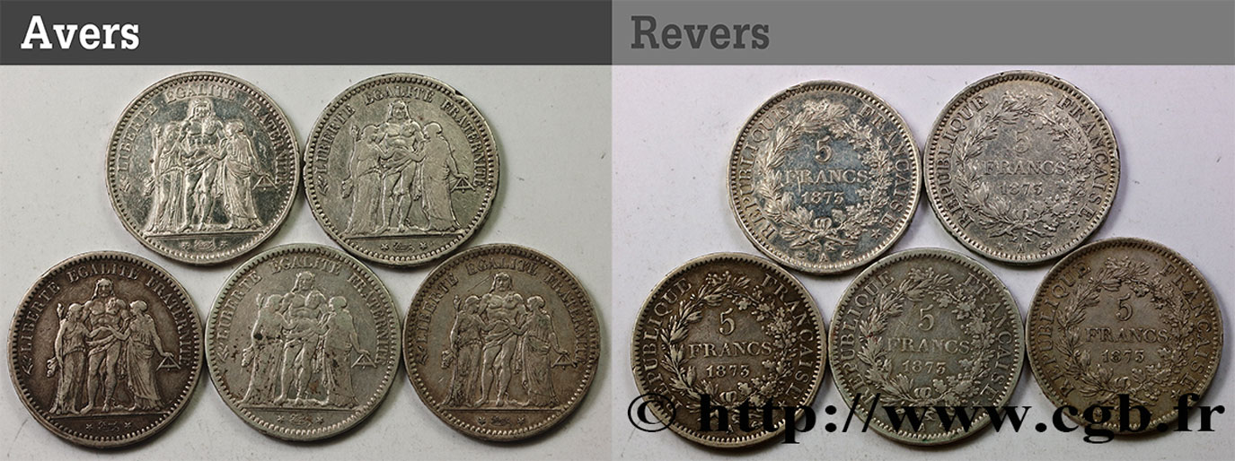 Lot de cinq pièces de 5 francs Hercule 1873 Paris F.334/9 VF 