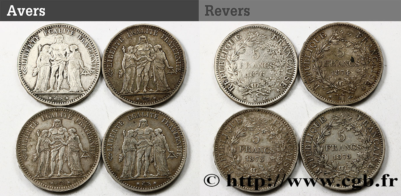 Lot de quatre pièces de 5 francs Hercule 1873 à 1876 n.d. Paris F.334/9, 12, 14 et 17 TB 