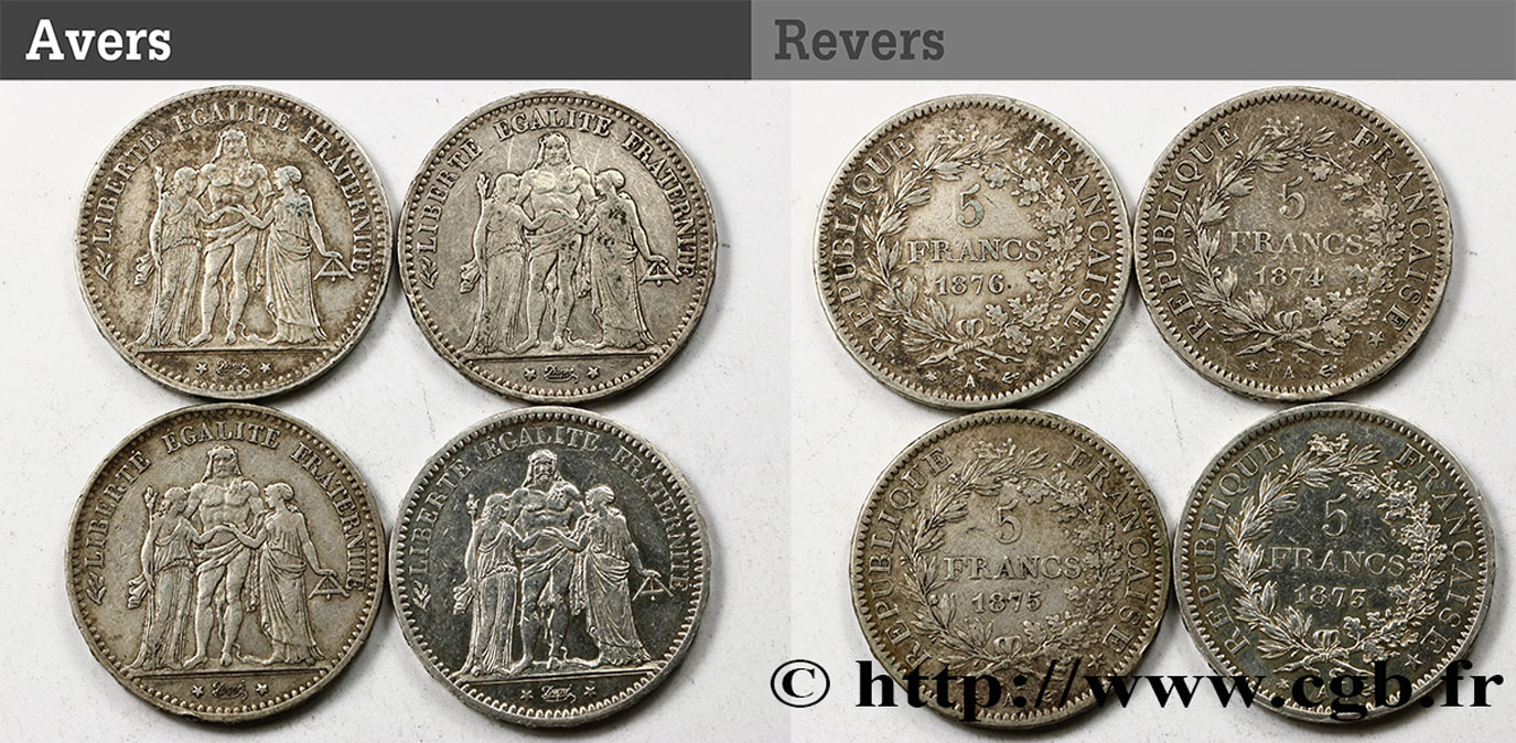 Lot de quatre pièces de 5 francs Hercule 1873 à 1876 n.d. Paris F.334/9, 12, 14 et 17 BC 