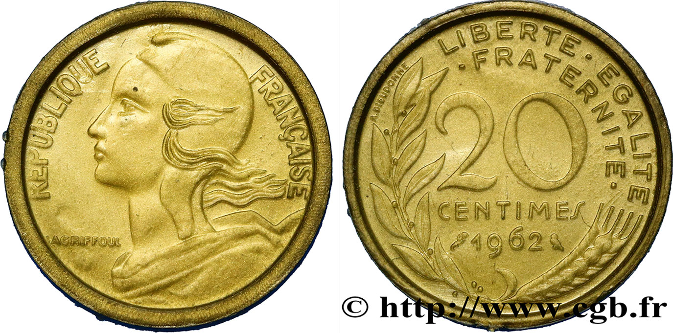 Pièce scolaire de 20 centimes Marianne, plastique 1962 Paris F.156/2 var. SPL 