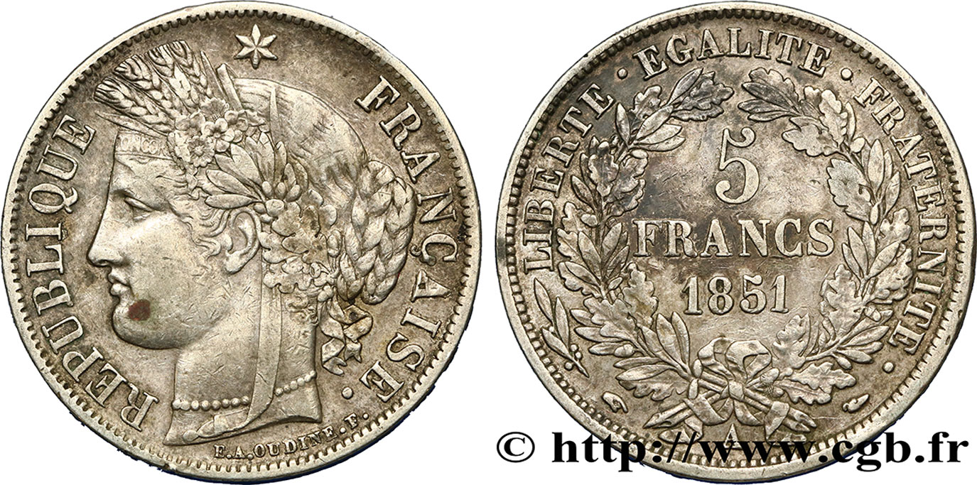 5 francs Cérès, IIe République 1851 Paris F.327/7 BB45 