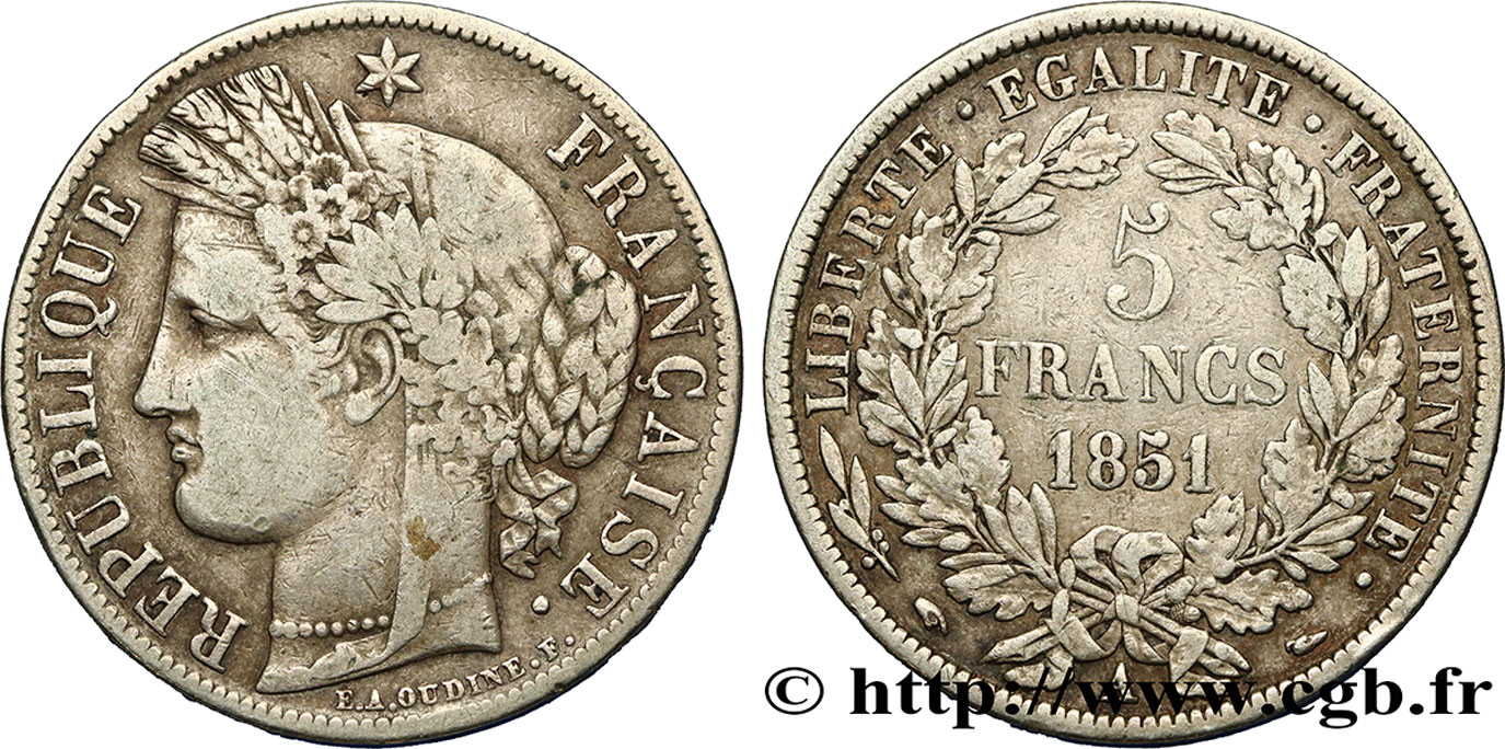 5 francs Cérès, IIe République 1851 Paris F.327/7 VF20 
