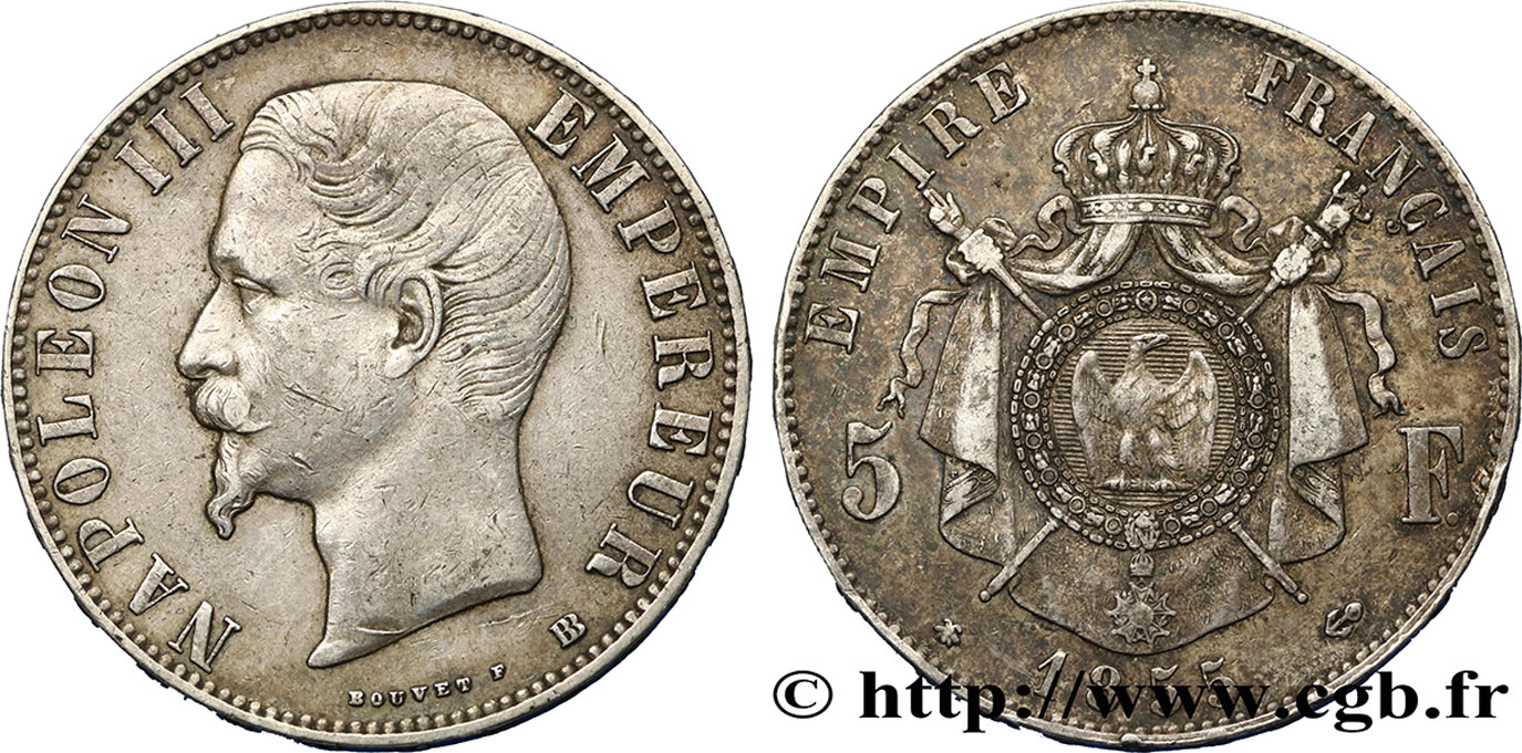 5 francs Napoléon III, tête nue 1855 Strasbourg F.330/4 MBC40 