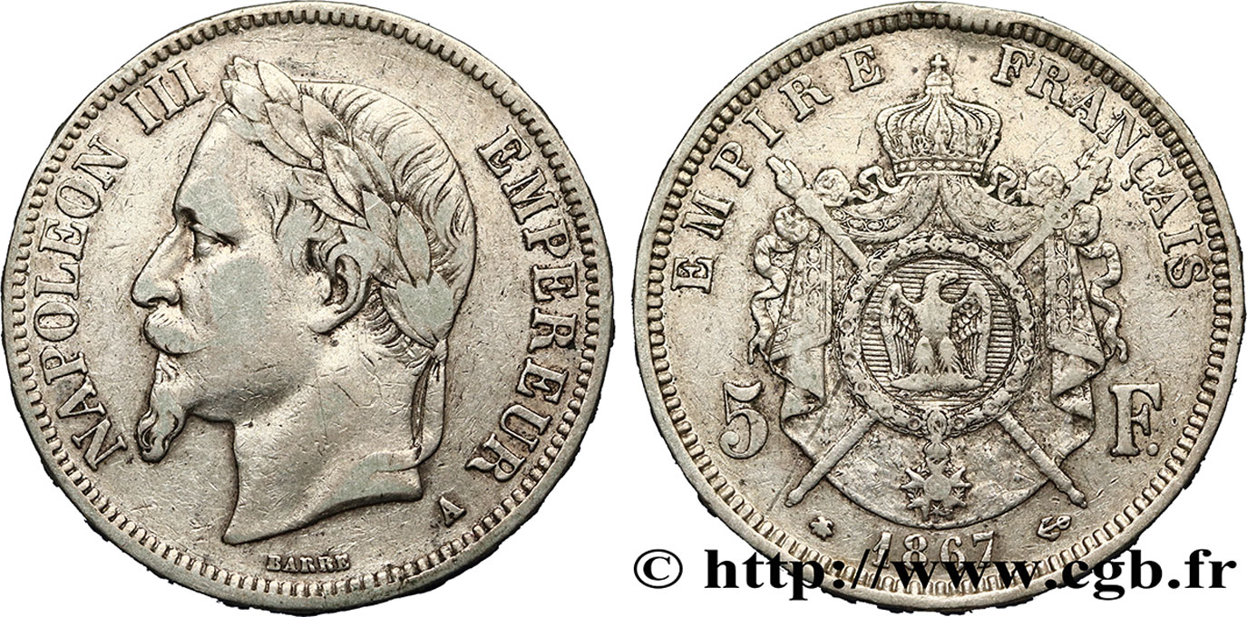 5 francs Napoléon III, tête laurée 1867 Paris F.331/10 MB 